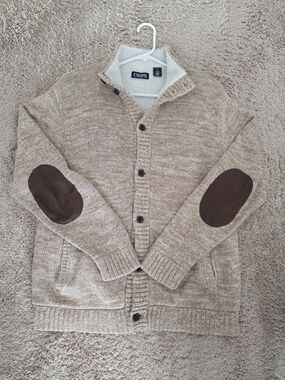 Chaps Beige Marled Button-Up Sherpa-Lined Sweater with Suede Elbow Patches